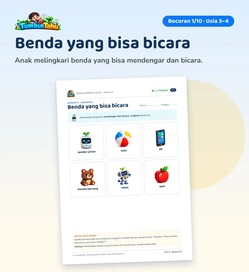 Contoh halaman Petualangan AI Cilik: Usia 3–4 · Benda yang bisa bicara (hlm. 17)