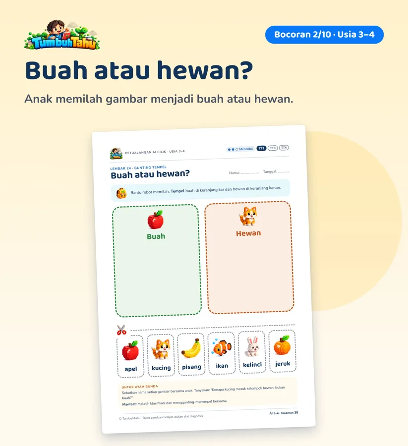 Contoh halaman Petualangan AI Cilik: Usia 3–4 · Buah atau hewan? (hlm. 38)