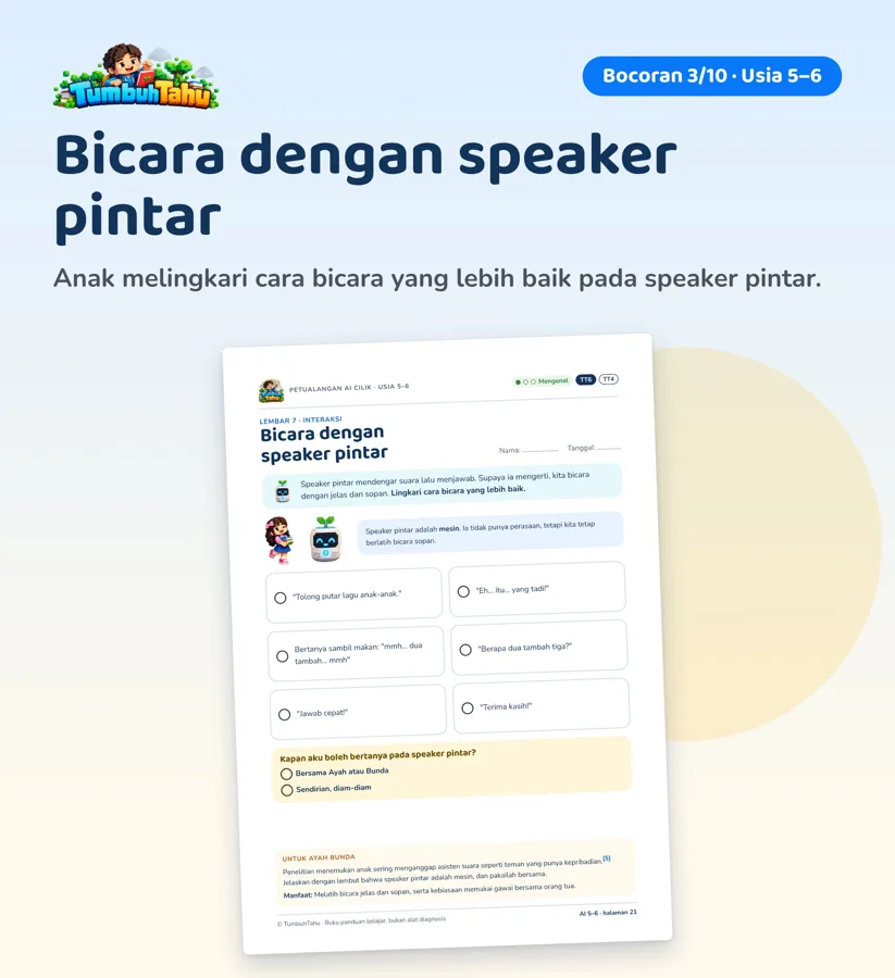 Contoh halaman Petualangan AI Cilik: Usia 5–6 · Bicara dengan speaker pintar (hlm. 21)
