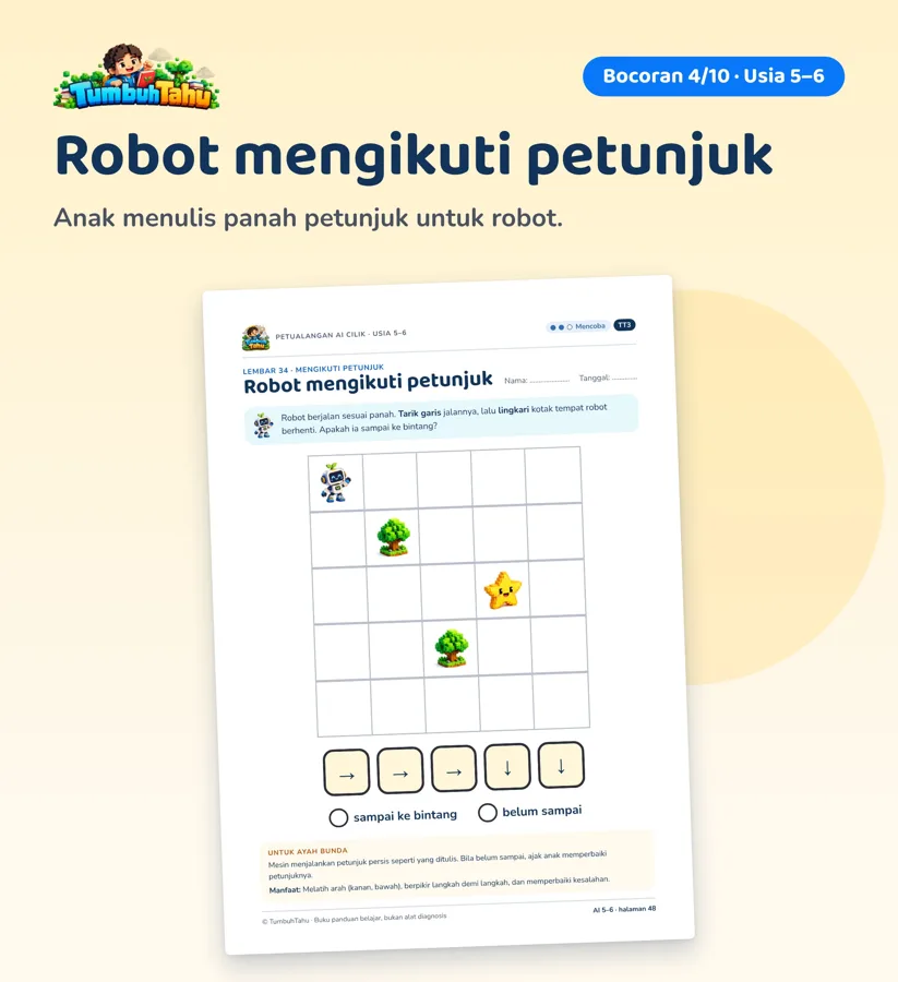 Contoh halaman Petualangan AI Cilik: Usia 5–6 · Robot mengikuti petunjuk (hlm. 48)