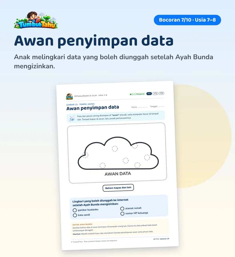 Contoh halaman Petualangan AI Cilik: Usia 7–8 · Awan penyimpan data (hlm. 24)