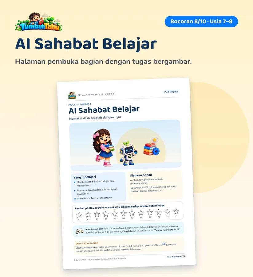Contoh halaman Petualangan AI Cilik: Usia 7–8 · AI Sahabat Belajar (hlm. 74)