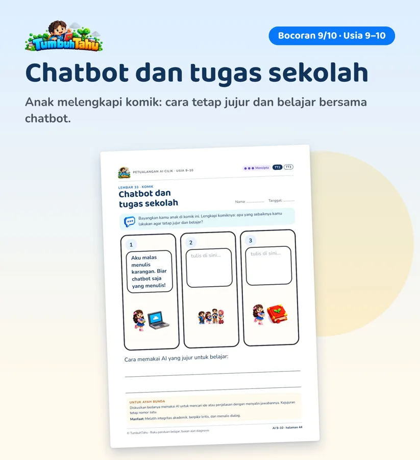Contoh halaman Petualangan AI Cilik: Usia 9–10 · Chatbot dan tugas sekolah (hlm. 44)