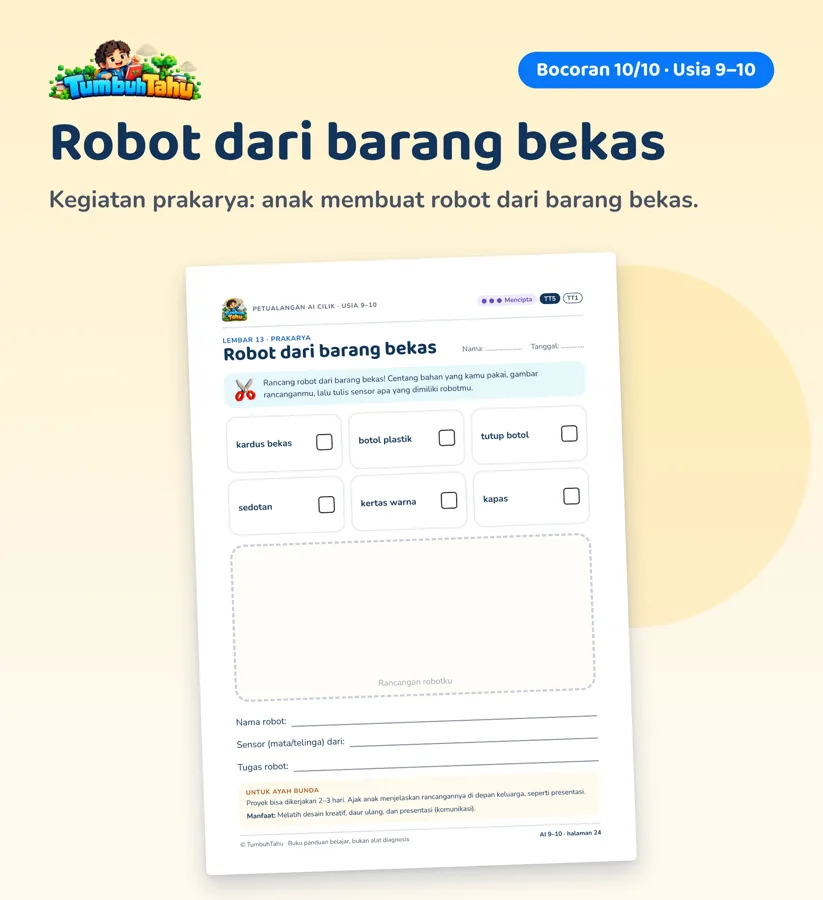 Contoh halaman Petualangan AI Cilik: Usia 9–10 · Robot dari barang bekas (hlm. 24)