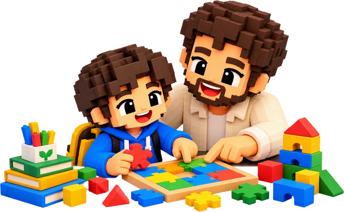 Ayah dan anak bermain puzzle bersama, tokoh TumbuhTahu bergaya blok